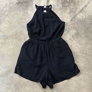 Gap Romper Womens Medium Black Halter Cotton‎ Pockets Cinched Waist